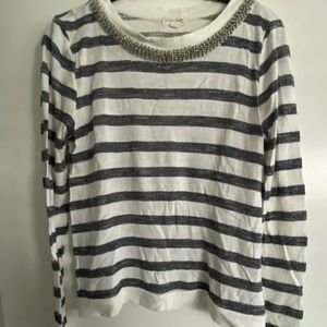 Jeweled Neckline Striped Sweater